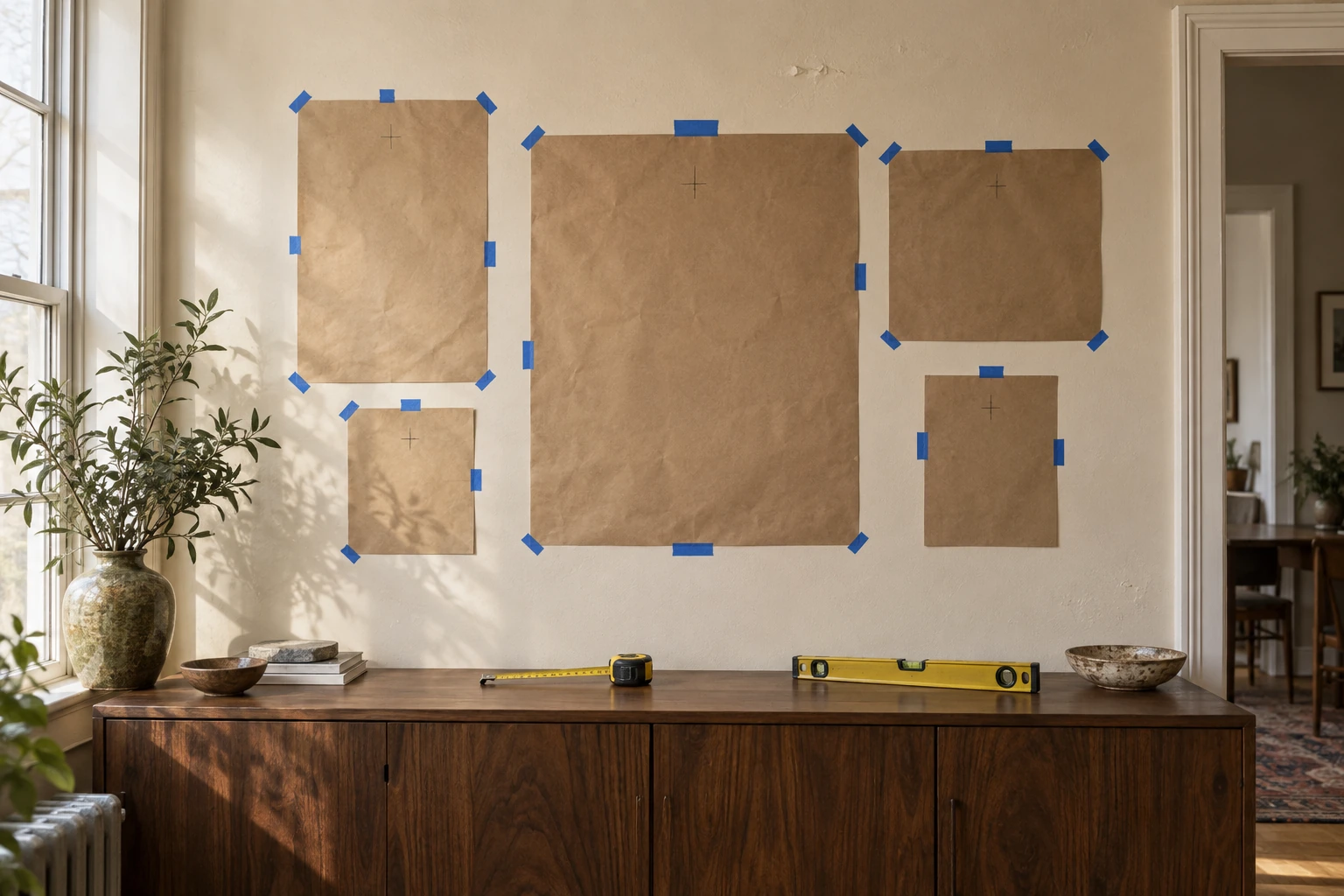 Kraft paper templates cut to the size of each frame, taped to the wall with painter's tape and marked where the nail goes.