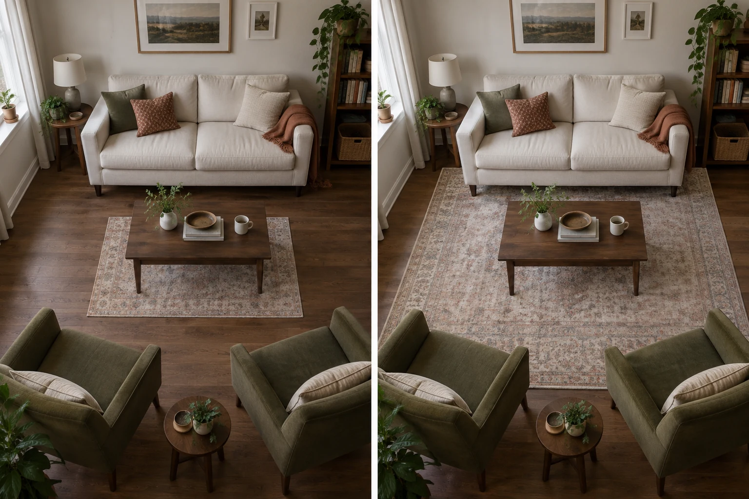 The same living room twice, seen from above. On the left a small rug sits under the coffee table only, with the sofa and both armchairs stranded on bare floor. On the right a larger rug reaches under the sofa and under the front legs of both chairs.