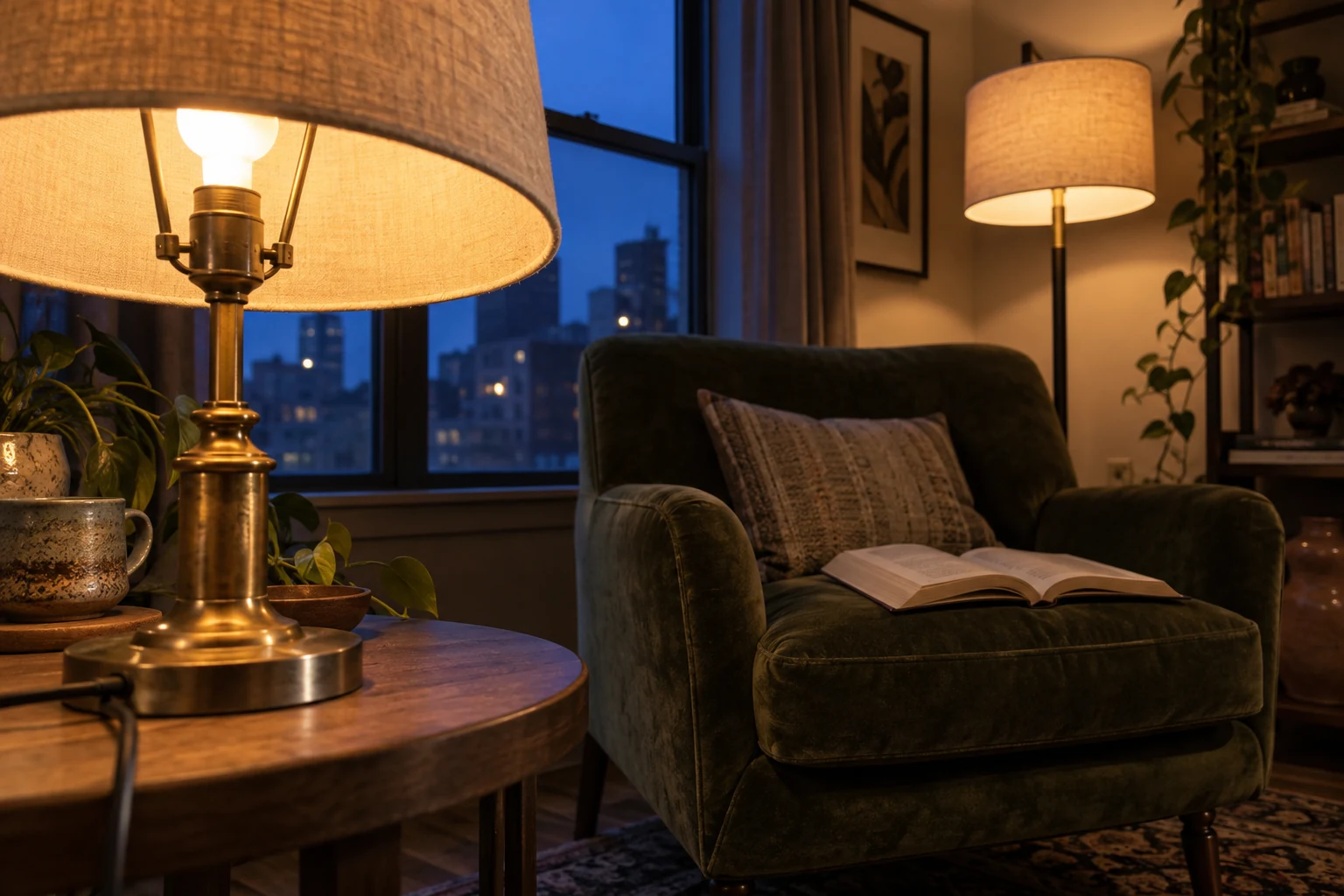 A dark apartment at night. In the foreground a brass table lamp sits on a side table with the lit bulb showing under the bottom edge of its shade, and behind it a floor lamp beside a green armchair throws light down onto an open book.