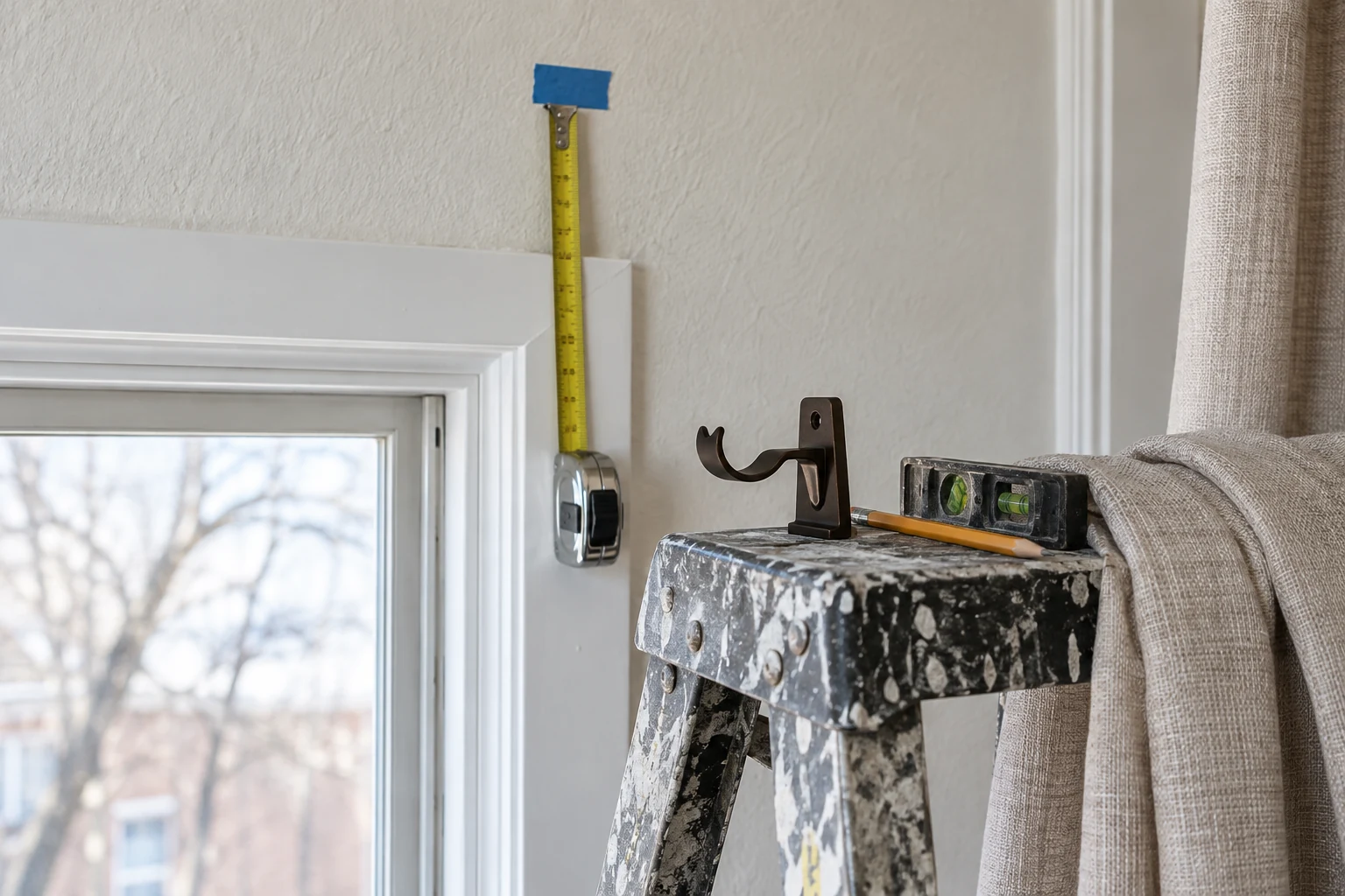 A tape measure held to the wall with blue painter tape, running from the top of a white window casing up toward the ceiling. On a paint spattered step ladder beside it sit a bronze curtain bracket, a pencil and a spirit level, with a linen panel hanging at the right.