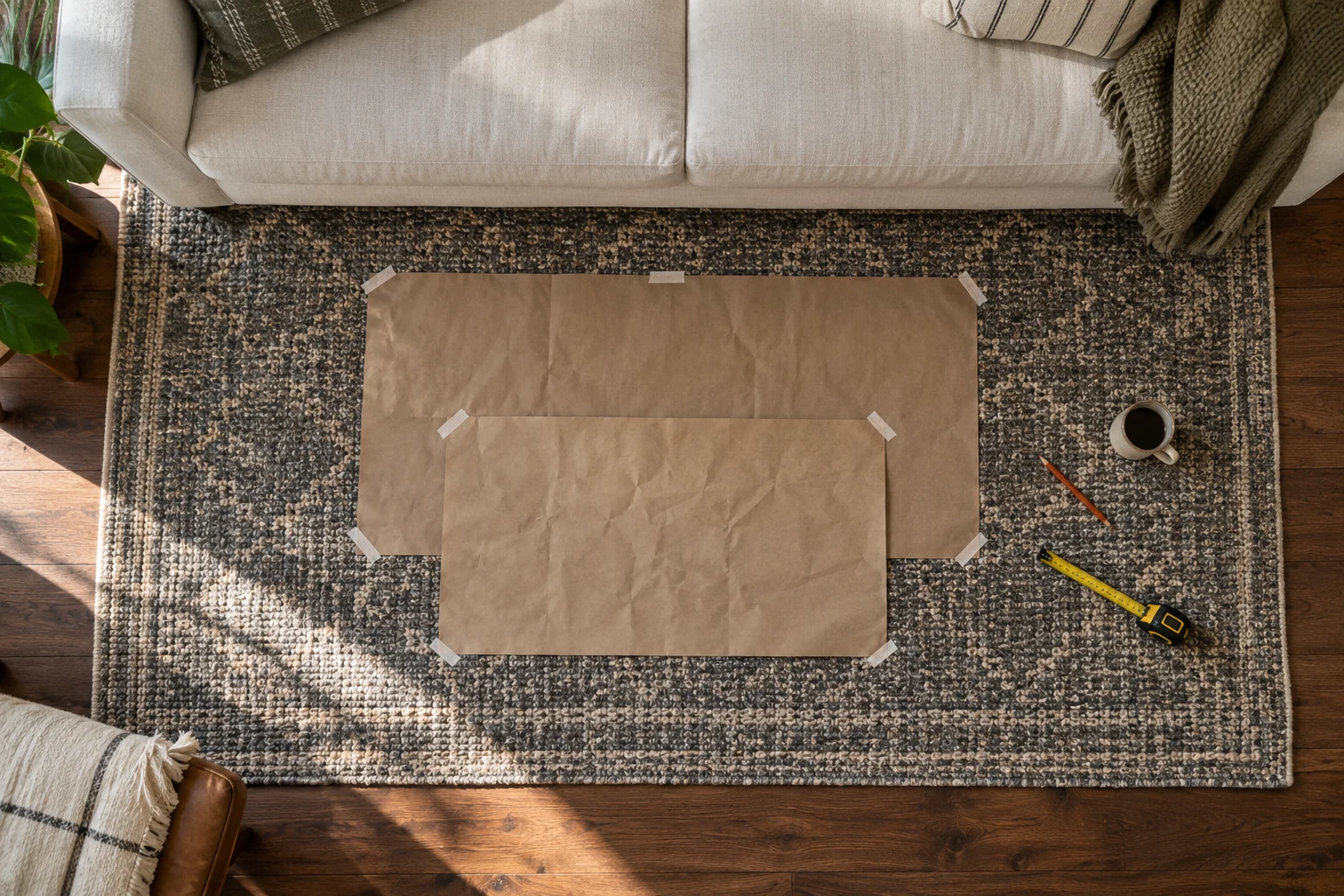 Looking straight down at a rug in front of a cream sofa. Two rectangles of kraft paper are taped to the rug, a long one and a shorter one laid over it, with a tape measure, a pencil and a cup of coffee on the rug beside them.
