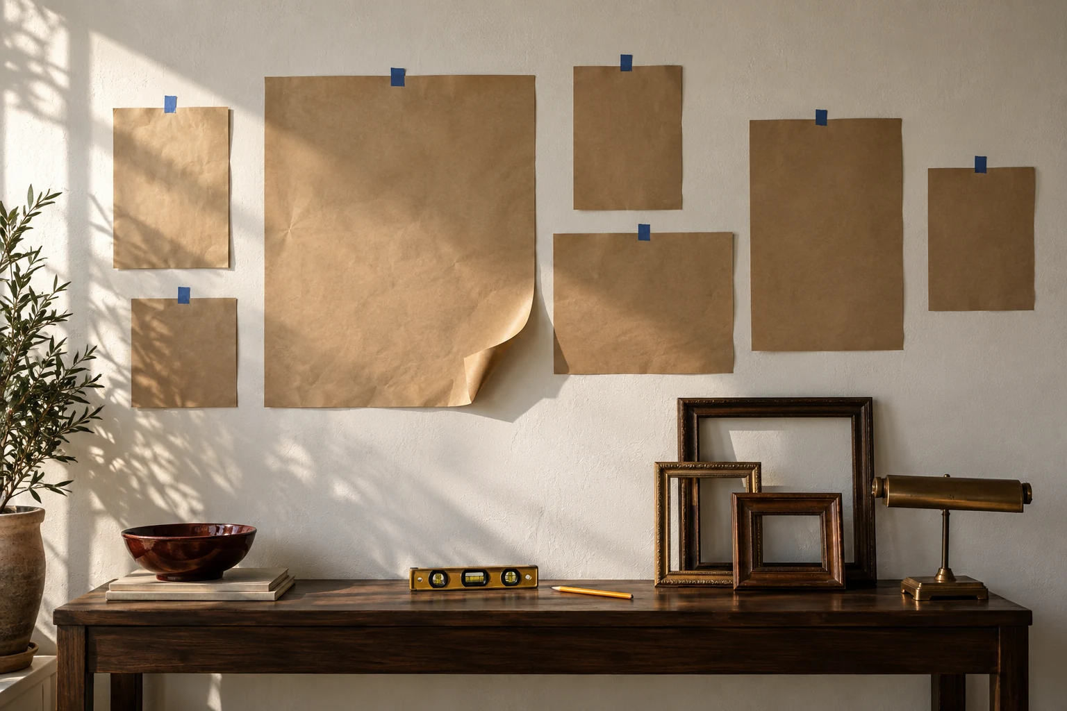 Seven kraft paper rectangles in different sizes taped to a pale wall as stand ins for frames, one of them peeling away at the corner. On the console table below sit four real empty frames leaning against the wall, a spirit level, a pencil, a wooden bowl and a brass lamp.