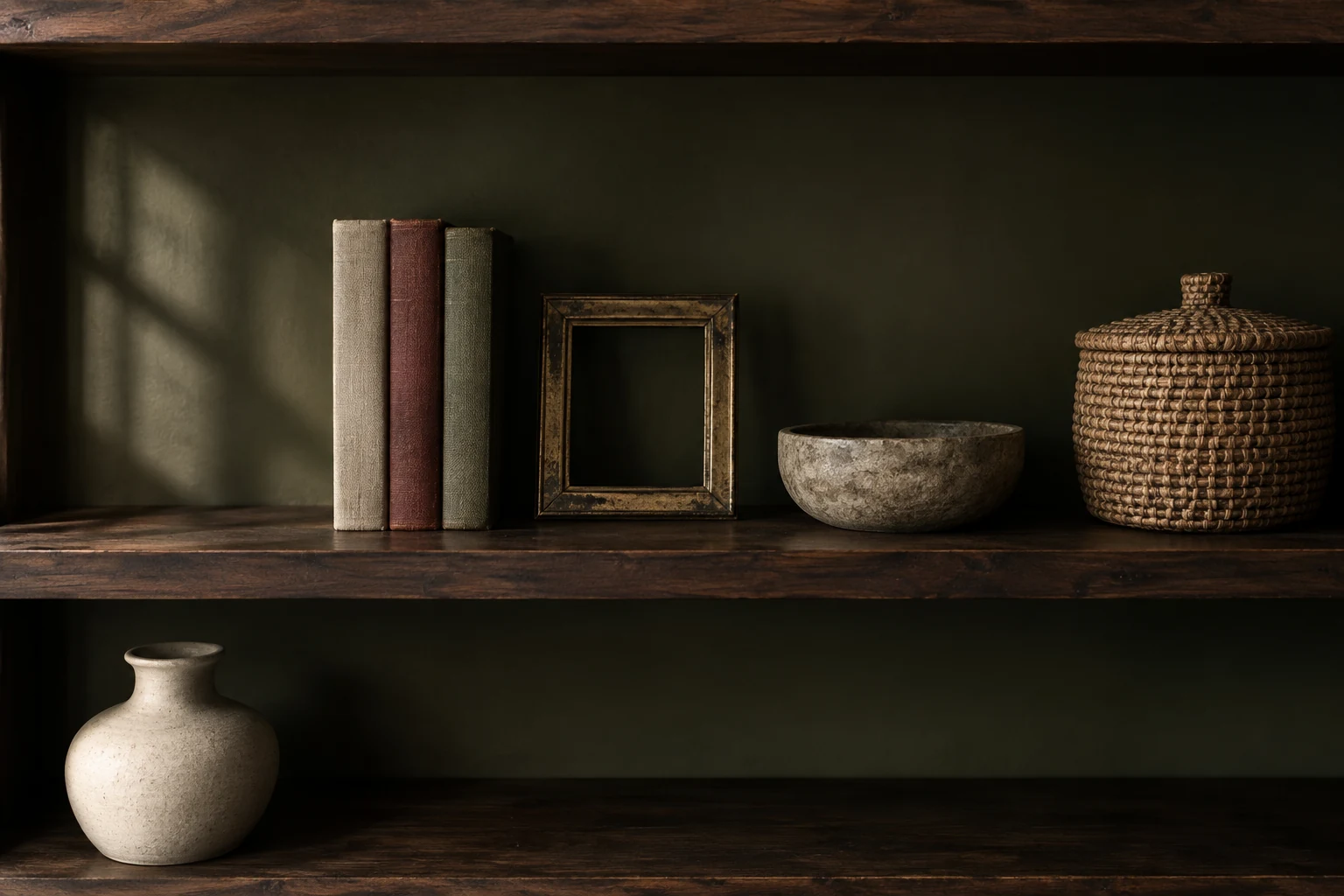 Two shelves of a dark wood bookcase against a deep olive wall. The upper shelf holds three cloth bound books, a small gilt frame, a stone bowl and a lidded basket, all spread in one flat line at the same height. The shelf below holds one pale vase at the far left and nothing else.