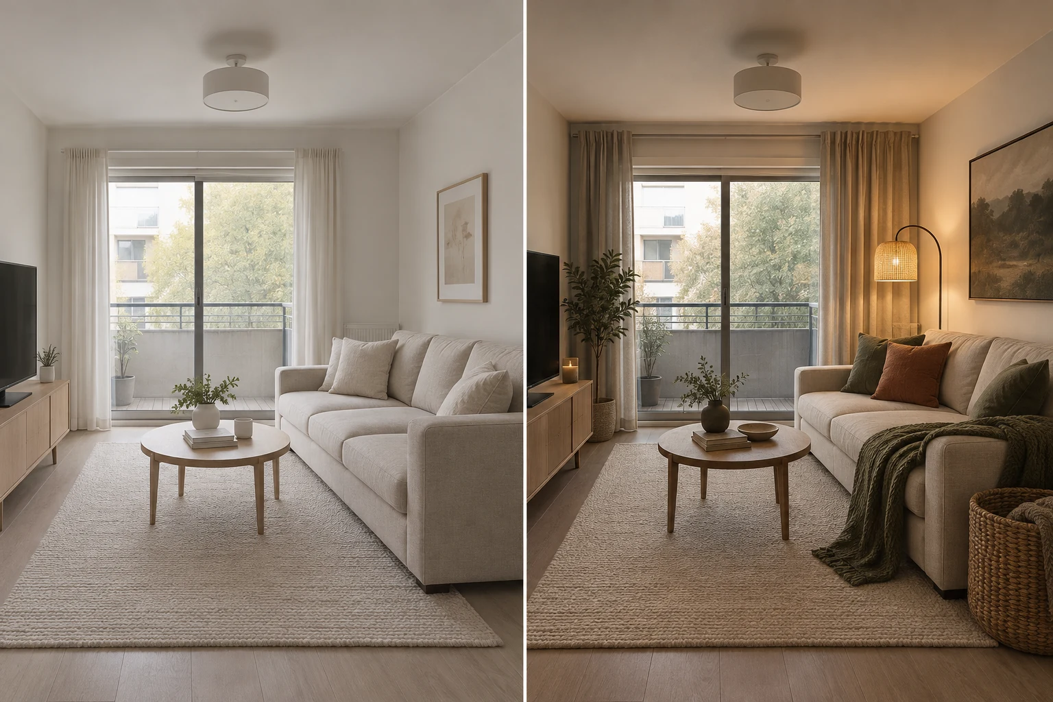 The same rental living room twice, side by side. On the left, flat daylight, sheer white curtains at the balcony door, a pale rug and a bare sofa. On the right the identical room with heavier curtains hung to the ceiling, a lit floor lamp, olive and rust pillows, a knitted throw over the arm and a basket on the floor.