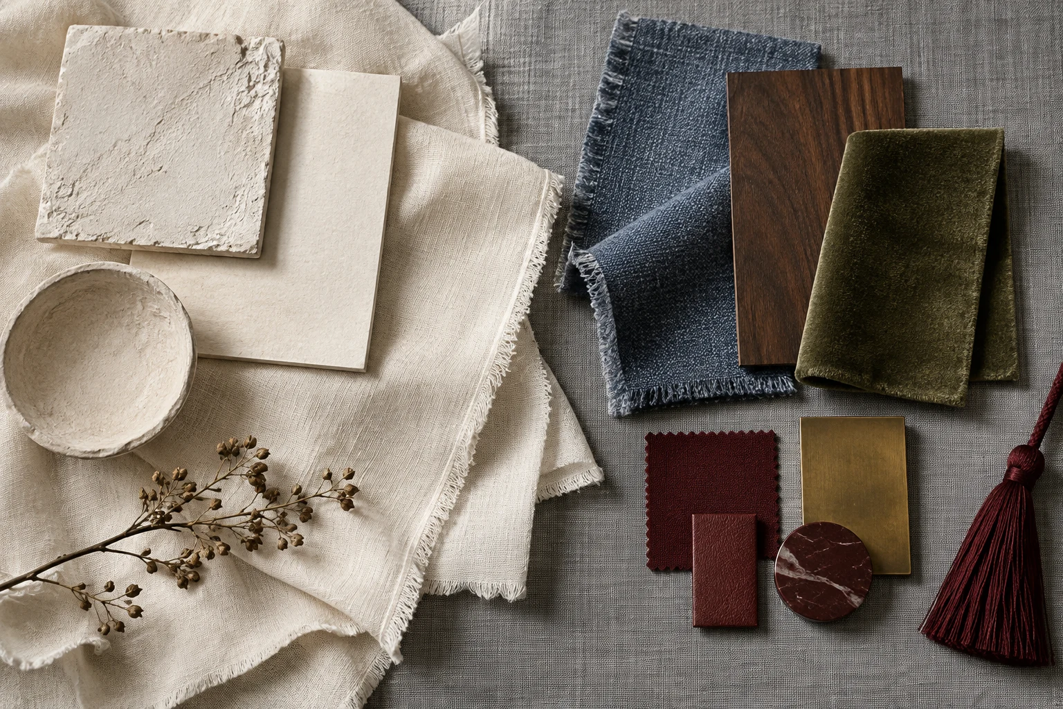 Material samples laid out on gray linen. Most of the surface is cream: folded linen cloth, a plaster tile, cream paper card and a paper bowl with a dried branch. A smaller group holds a blue gray tweed, a walnut veneer and an olive velvet. The smallest group is four little burgundy pieces, a brass plate and a red marble disc, with a burgundy tassel at the edge.