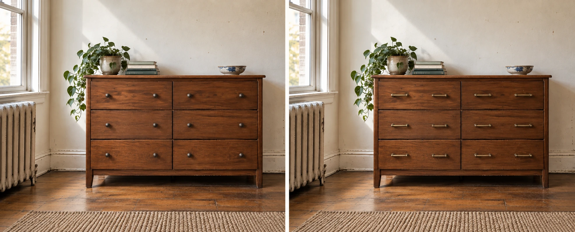 The same walnut dresser twice, side by side in the same corner: on the left small dark knobs on every drawer, on the right a long brass bar pull on every drawer.