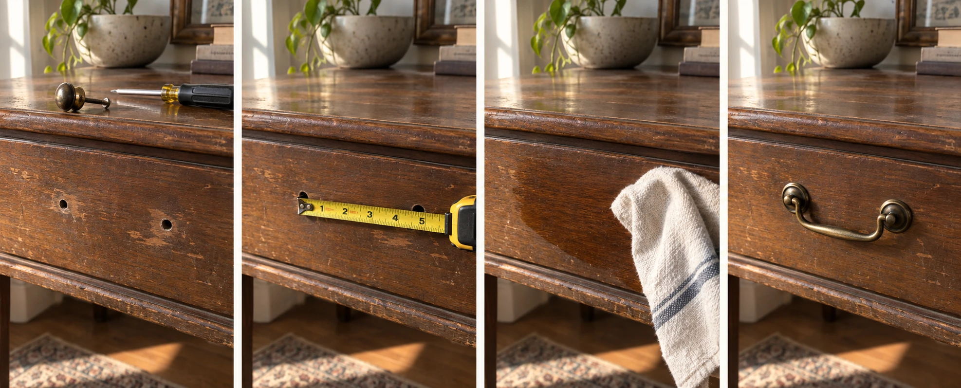 Four panels shot at the same drawer in the same light: the removed knob lying beside a screwdriver on the dresser top, a tape measure stretched between the two empty screw holes, a cloth wiping the drawer front clean, and the new brass bail pull fitted into the same two holes.