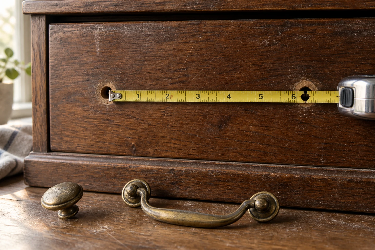 A tape measure stretched across a dark wood drawer front with its hook sitting inside the left screw hole and the right screw hole falling just past the six inch mark, with a round knob and a swing bail pull lying on the table below.