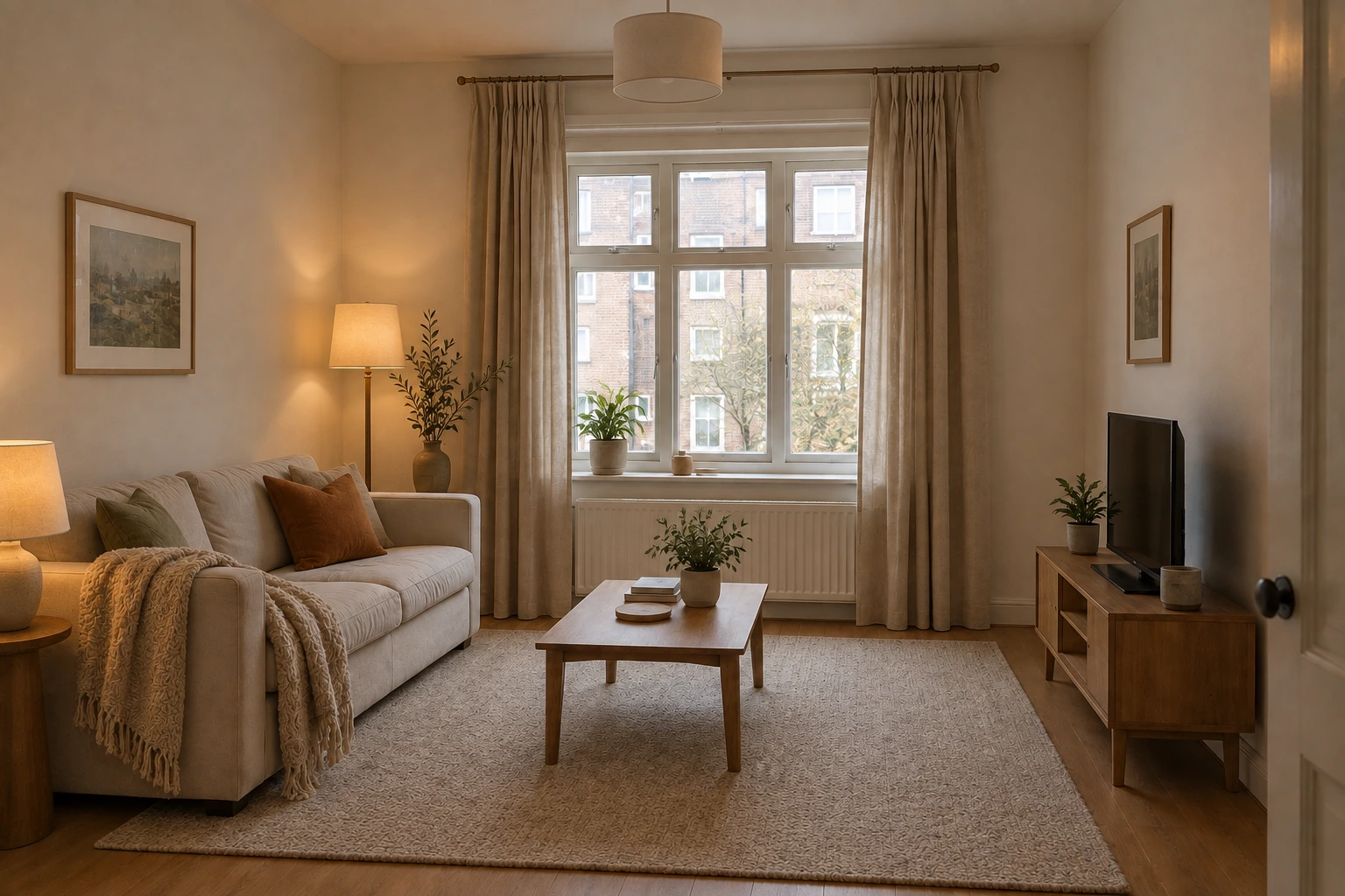A rented living room with six of these numbers in it: a framed print on the left wall, a lit floor lamp, a curtain rod set high above the window with the panels touching the floor, a television on a low console, and a rug that runs under the front legs of the sofa.