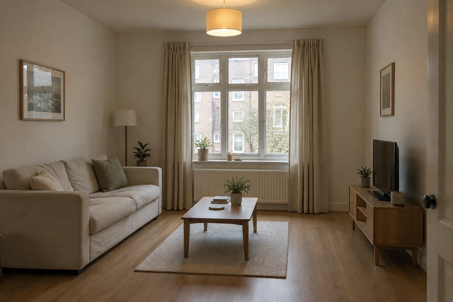 A rented living room lit by one ceiling fixture. A small pale rug floats in the middle of the floor with a border of bare floor around it, the curtains are hung low and narrow against the window frame, and a cream sofa with pale cushions, a low table and a TV console sit under one picture hung high on the left wall.