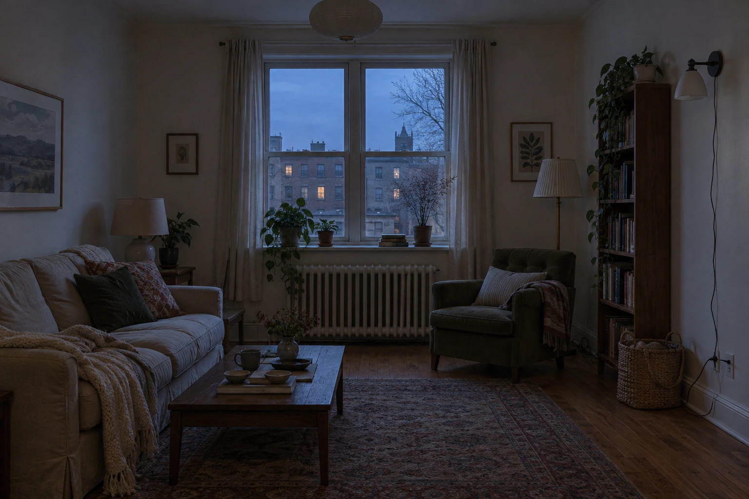 The same rented living room at blue hour with every lamp off and the ceiling fixture off, lit only by cool light from the window.