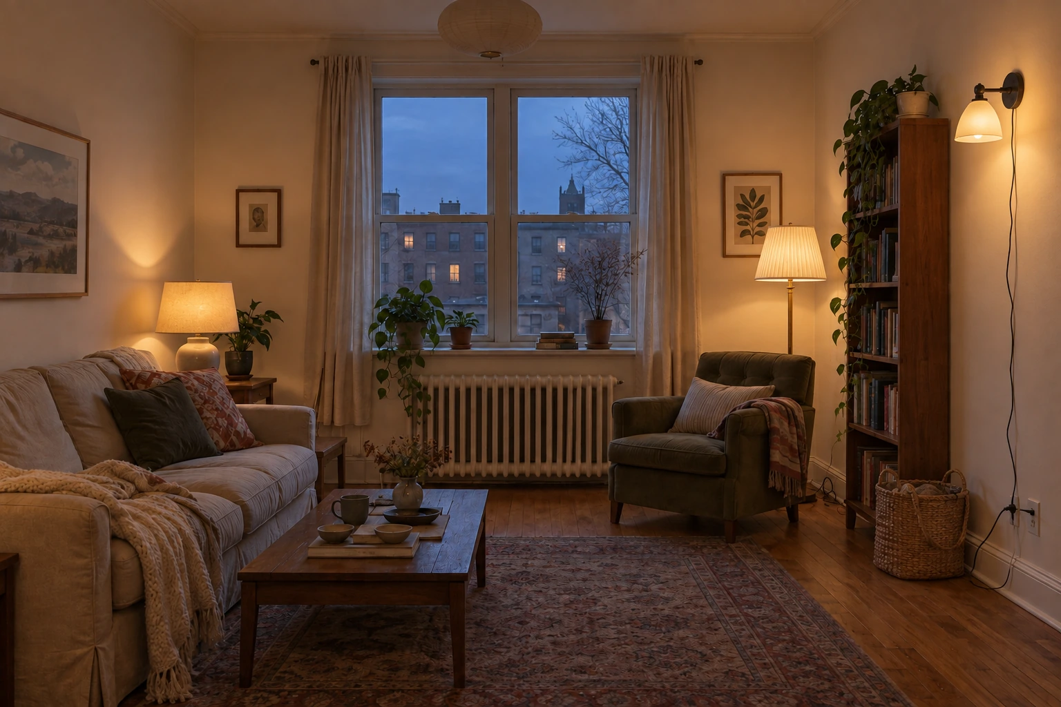 The same room with three lamps on at a warm temperature: the table lamp, the floor lamp beside the armchair and the plug-in wall sconce. The ceiling fixture is still off.