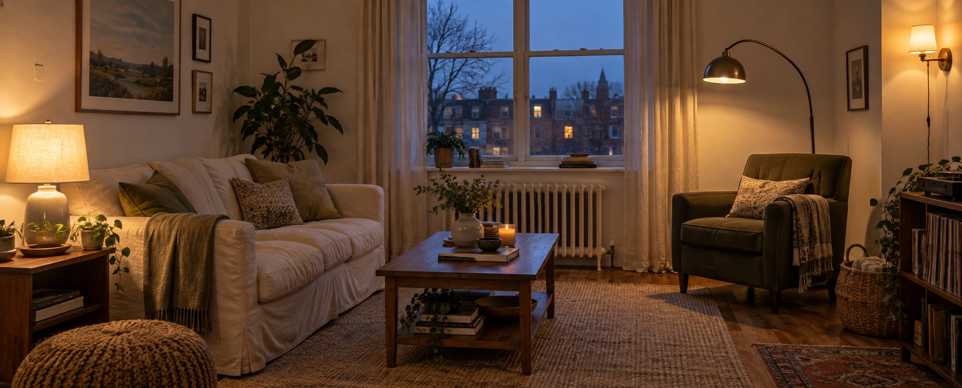 A rented living room at dusk with three lights on and the ceiling fixture off: a floor lamp beside the armchair, a table lamp on the side table, and a plug-in sconce on the wall.