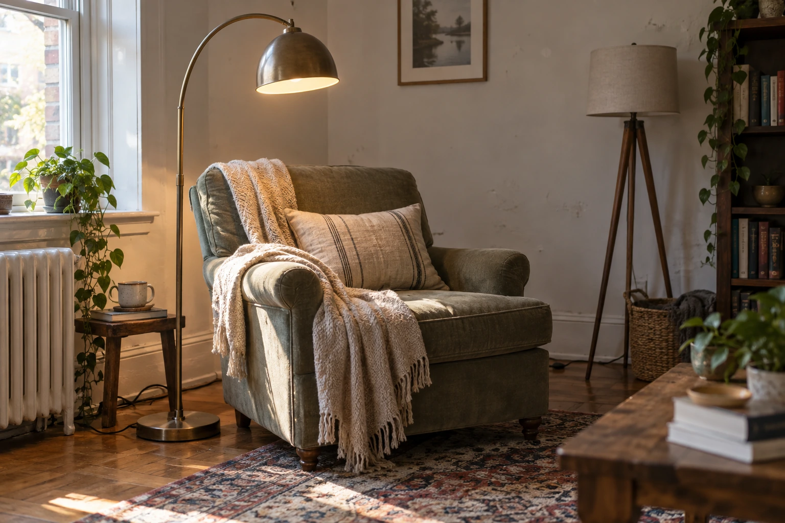 A reading chair by a window with an arc floor lamp lit, its base set beside the chair arm rather than behind it, the shade hanging forward of the shoulder. A tripod floor lamp stands unlit further into the room.