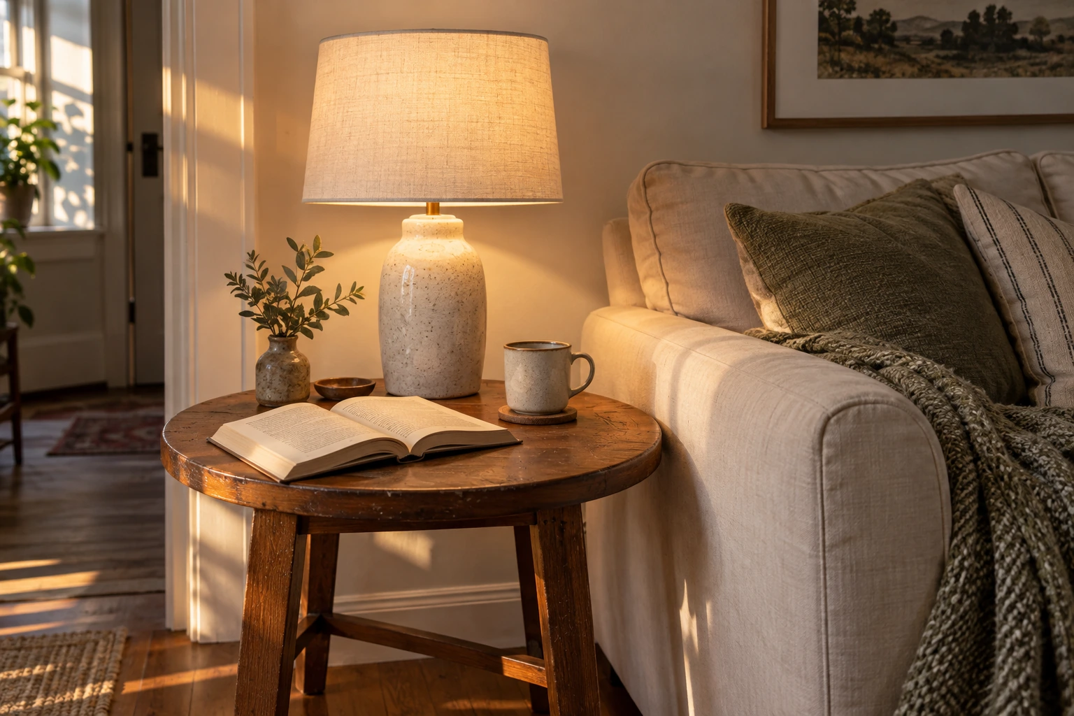 A wooden side table beside a sofa arm holding a tall ceramic lamp with a lit linen shade, an open book and a cup. The shade is wider than the base and narrower than the table, clear of its edge.