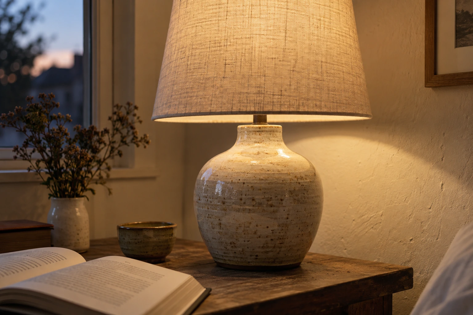 Close view of a ceramic table lamp lit at dusk with a warm 2700K bulb, the linen shade glowing from inside, the wall behind it in shadow and an open book at the edge of the frame.