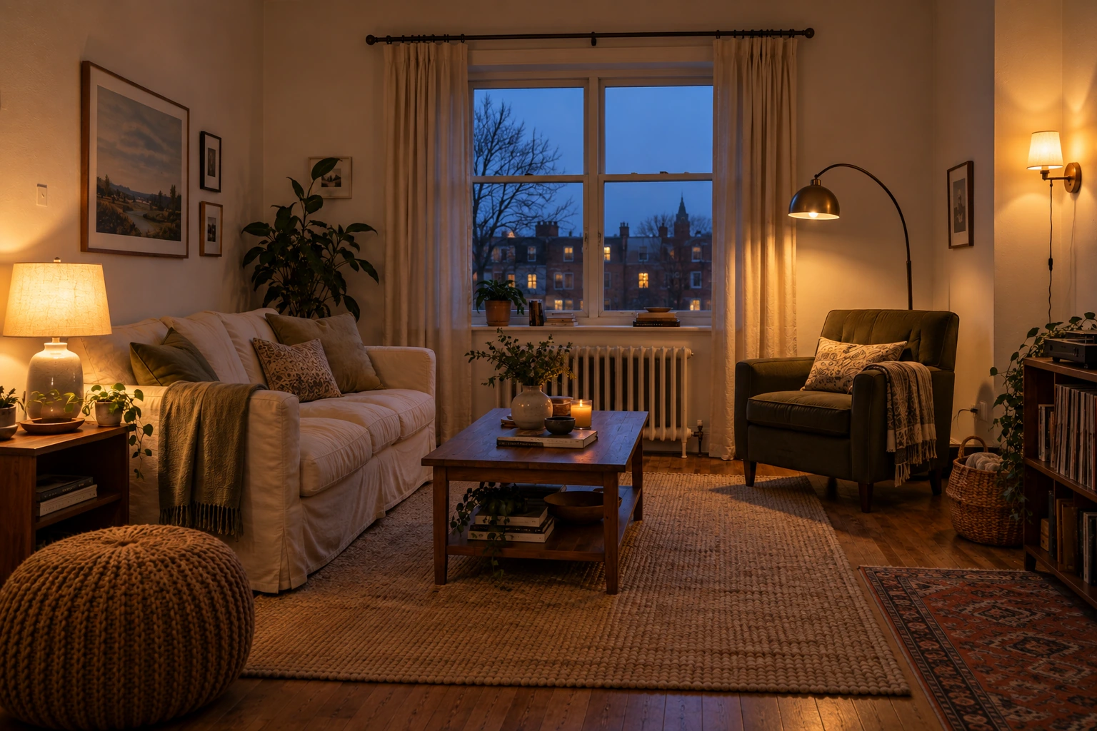 The same rented living room at dusk with three sources lit and the ceiling light off: a floor lamp in one corner, a table lamp beside the sofa, and a plug-in sconce above a bookcase, with the cords clipped and visible.