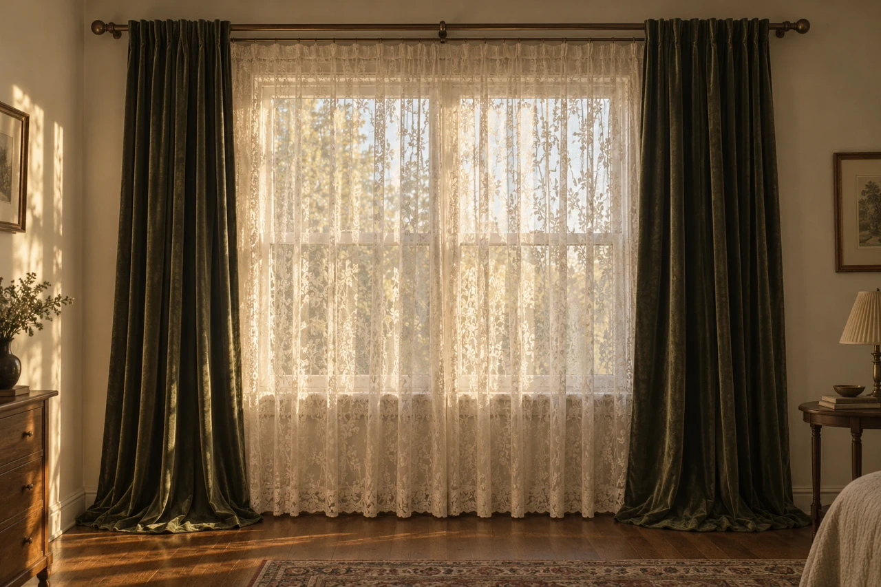A bedroom window at dusk with cream floral lace closed across the glass and deep olive green velvet panels falling to the floor on both sides, the rod high above the frame and well past it.