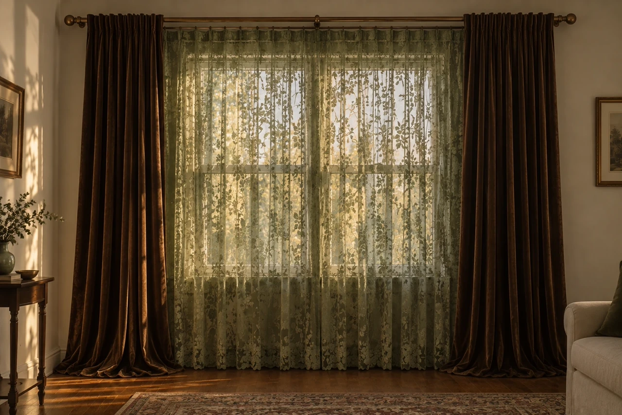 The same window with green floral lace across the glass and chocolate brown velvet panels on both sides, late sun coming through the lace.