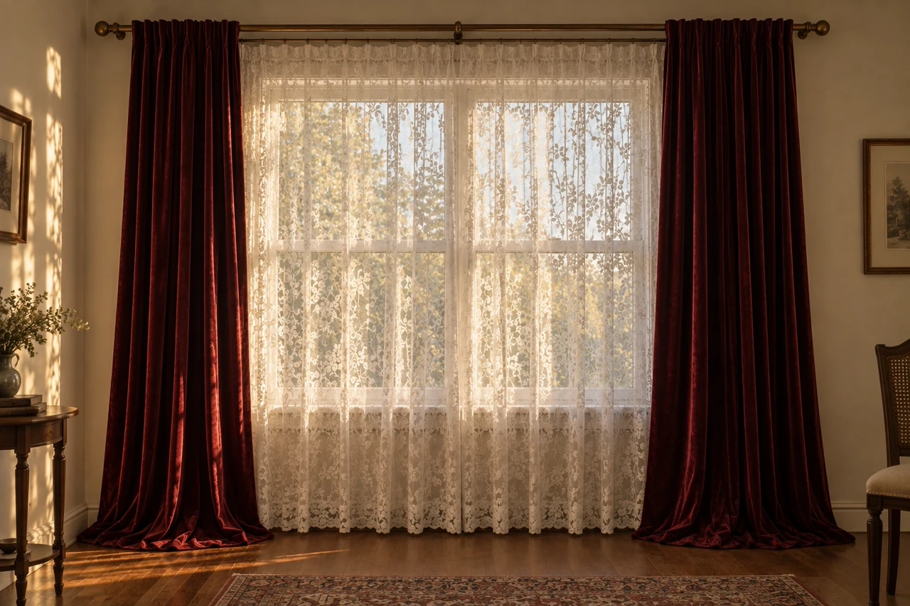 The same window with white floral lace across the glass and deep burgundy velvet panels on both sides.