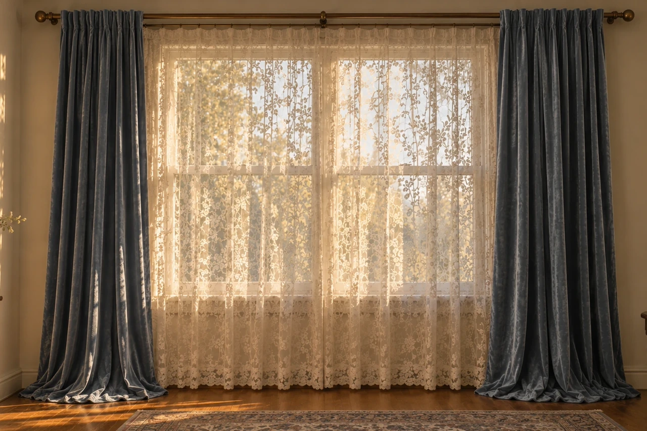 The same window with pale lace across the glass and soft blue gray velvet panels on both sides.