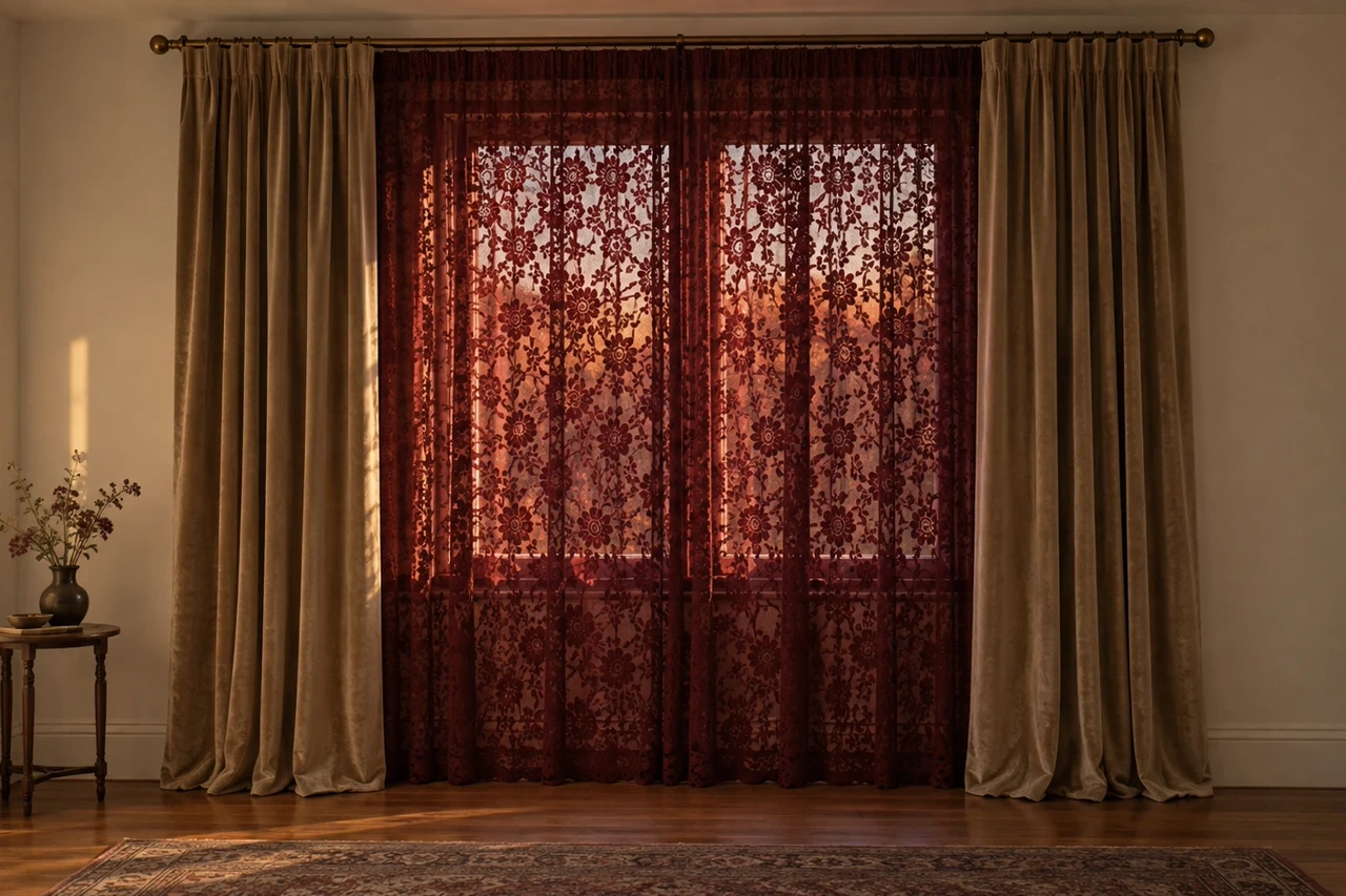 The same window with deep burgundy lace across the glass, glowing dark red against the light, and quiet camel beige velvet panels on both sides.