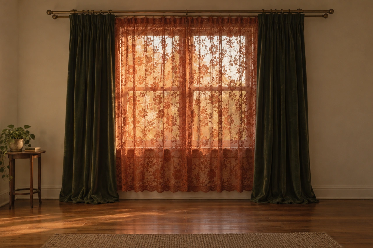 The same window with burnt orange lace across the glass, lit warm from behind, and dark green velvet panels on both sides.