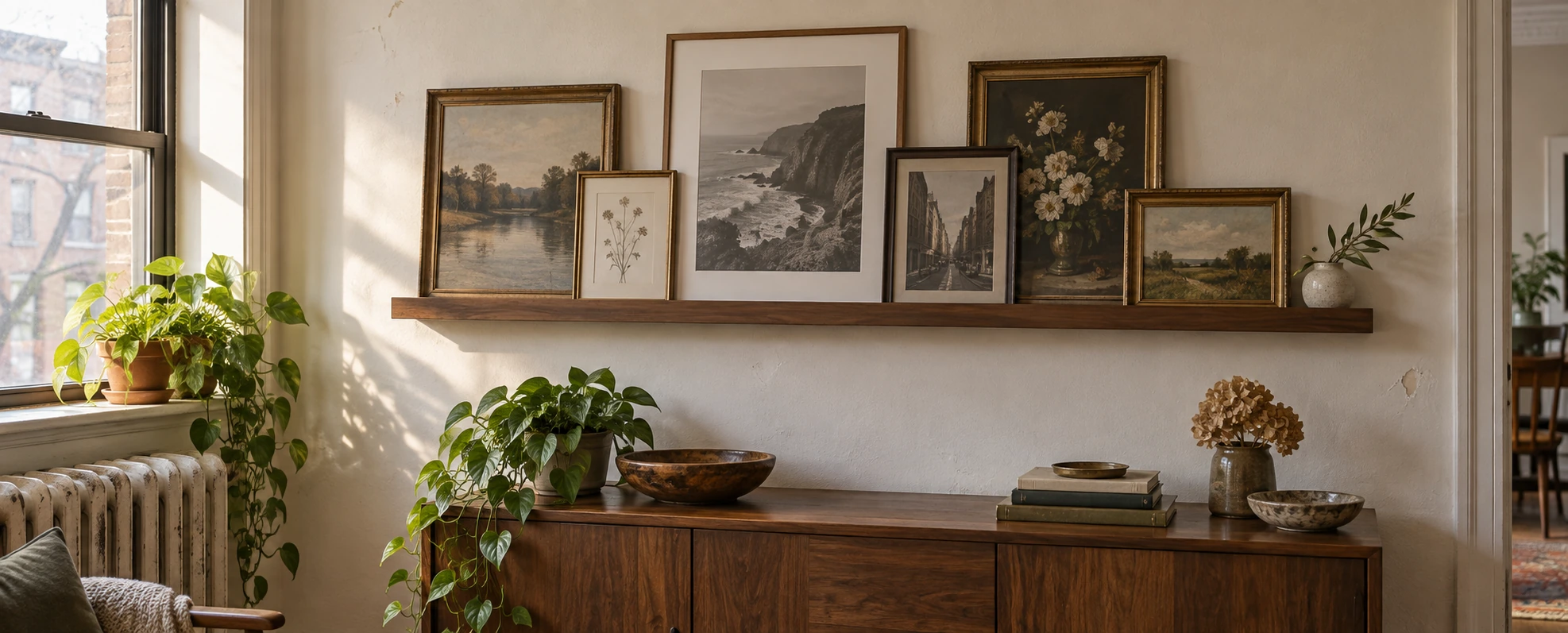 A narrow wooden picture ledge on a living room wall above a sideboard, loaded with framed prints leaning back and overlapping, a small ceramic vase at one end.