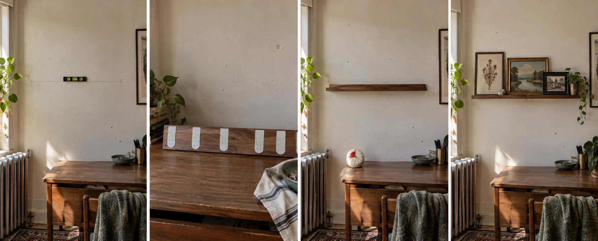 Four panels in a row: a pencil marking a level line on the wall, adhesive strip pairs being clicked together, two hands pressing the empty ledge flat against the wall, and framed prints being leaned onto the finished ledge.