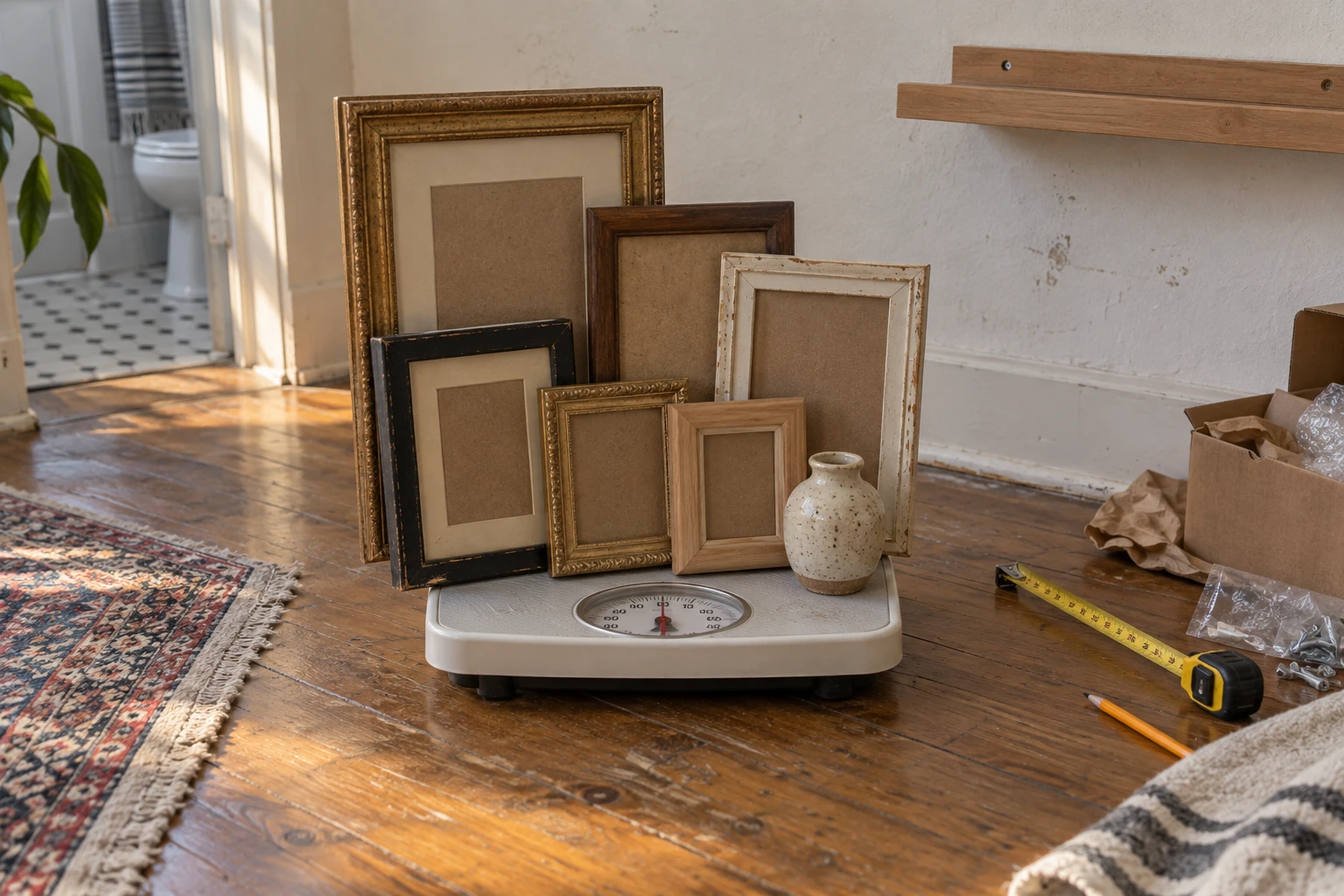 A stack of framed prints and a wooden ledge sitting together on a bathroom scale on a wood floor, the dial reading the combined weight.