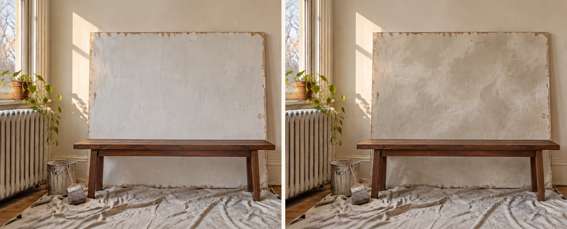 The same corner twice, with a large panel leaning behind a walnut bench: on the left the panel is flat and chalky white, on the right the same panel carries a soft clouded limewash in warm gray and stone.