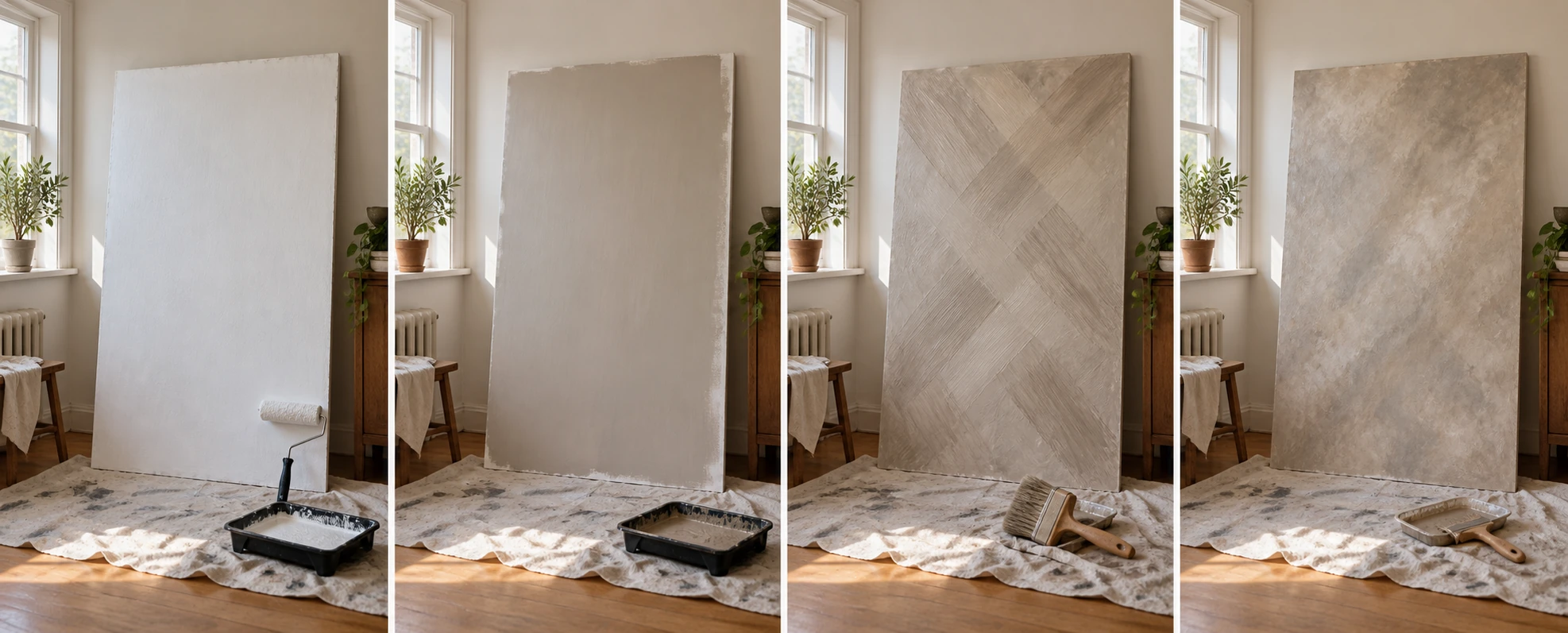 Four panels of the same leaning board in the same room and the same light: rolled out in flat white with the roller in its tray, the second coat gone gray and even, the limewash brushed on in obvious crossing diagonal strokes, and the finished panel with the strokes softened into cloud.