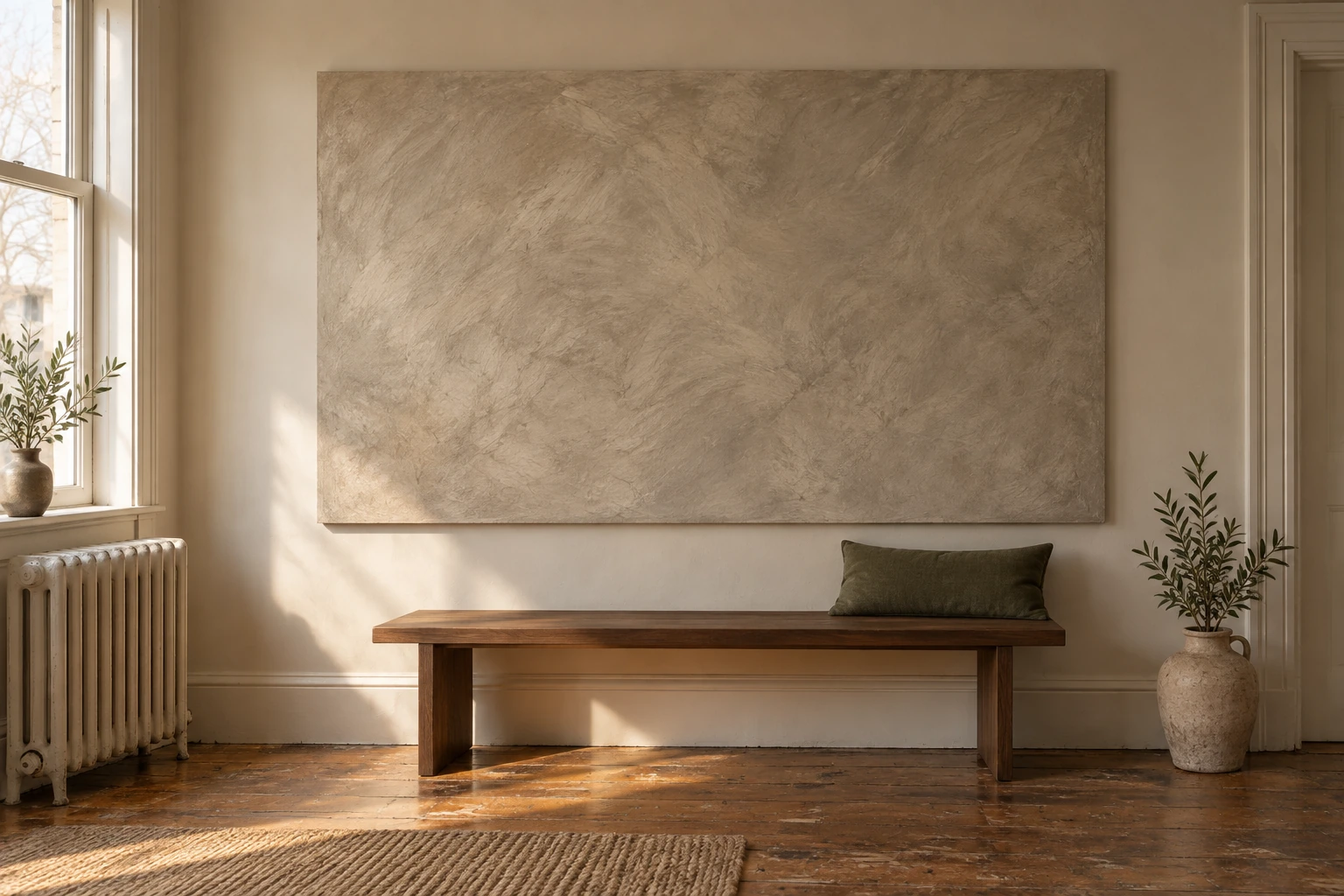 A large limewashed panel on the wall above a long walnut bench, its surface clouded in warm gray and stone.