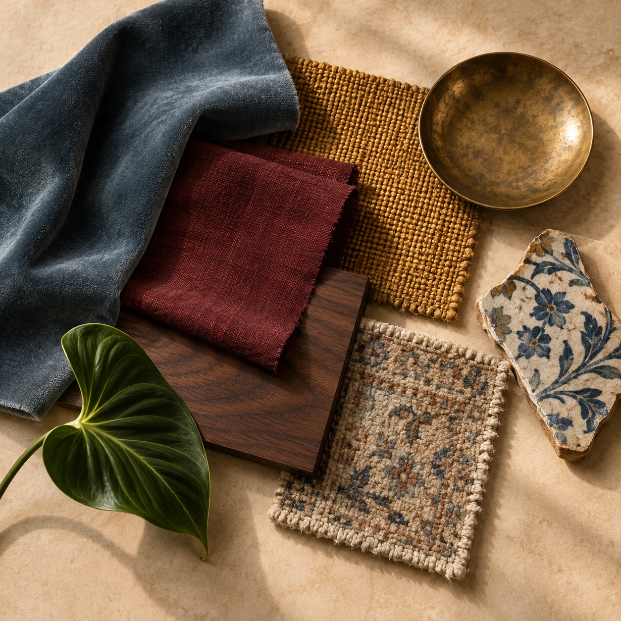 Colorful collected materials laid out flat: dusty blue velvet draped top left, an oxblood linen swatch folded in the middle, an ochre woven mat behind it, a brass bowl top right, a walnut board low center, a faded rug swatch below it, a blue and white patterned tile on the right and one green leaf bottom left.