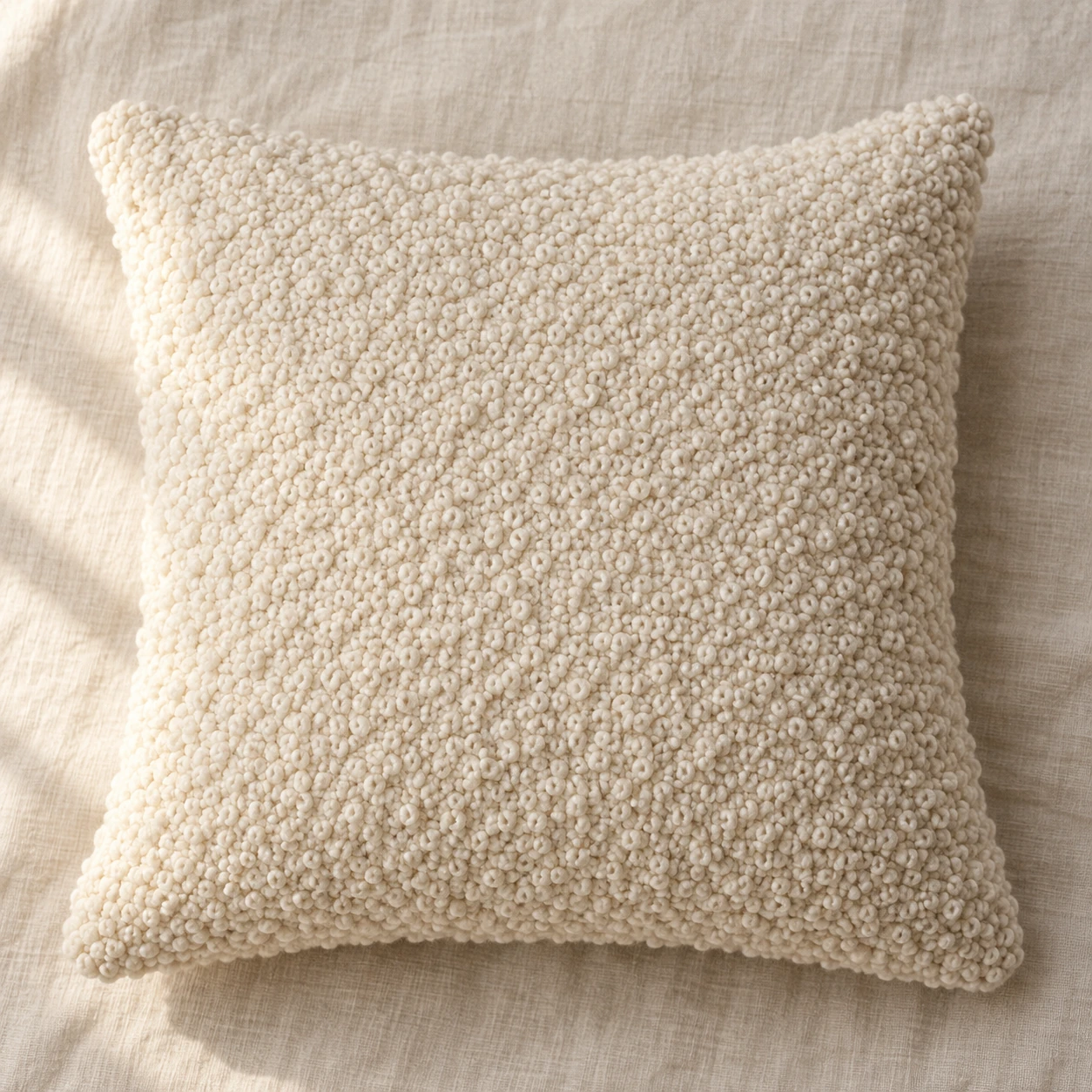 Cream boucle cushion resting on natural linen.
