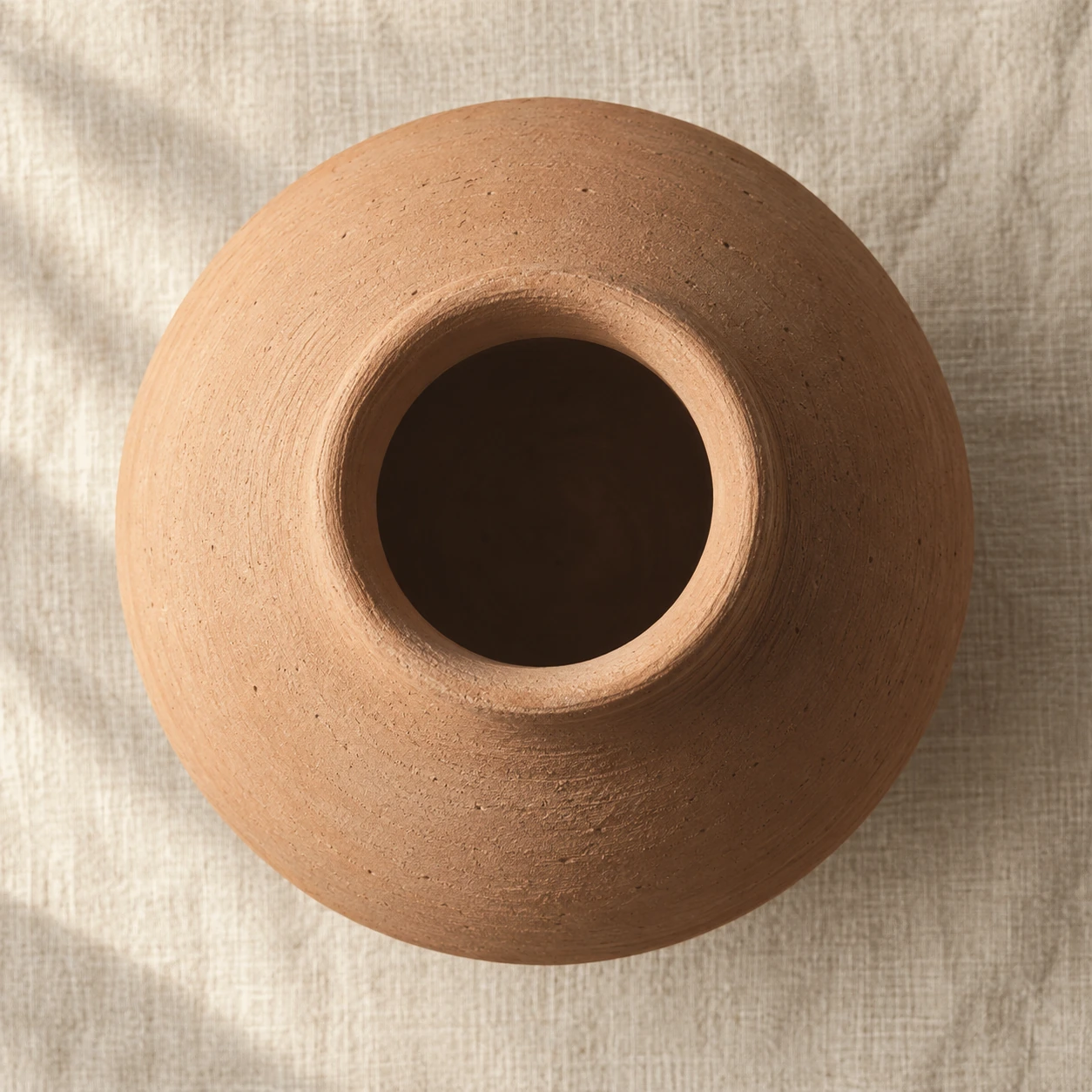 An unglazed clay vessel in a pale terracotta tone, completely matte.