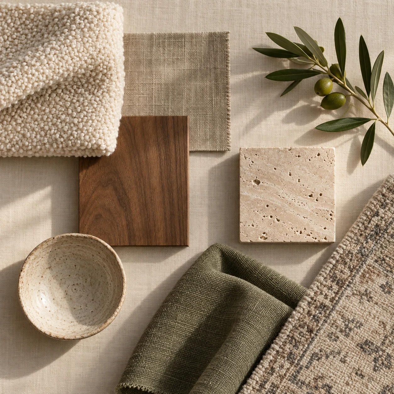 Organic modern material palette laid out flat: cream boucle top left, a raw edged linen swatch top center, an olive branch top right, an oiled walnut board in the middle, a travertine tile beside it, a speckled clay bowl low left, folded olive linen at the bottom and the corner of a faded wool rug bottom right.