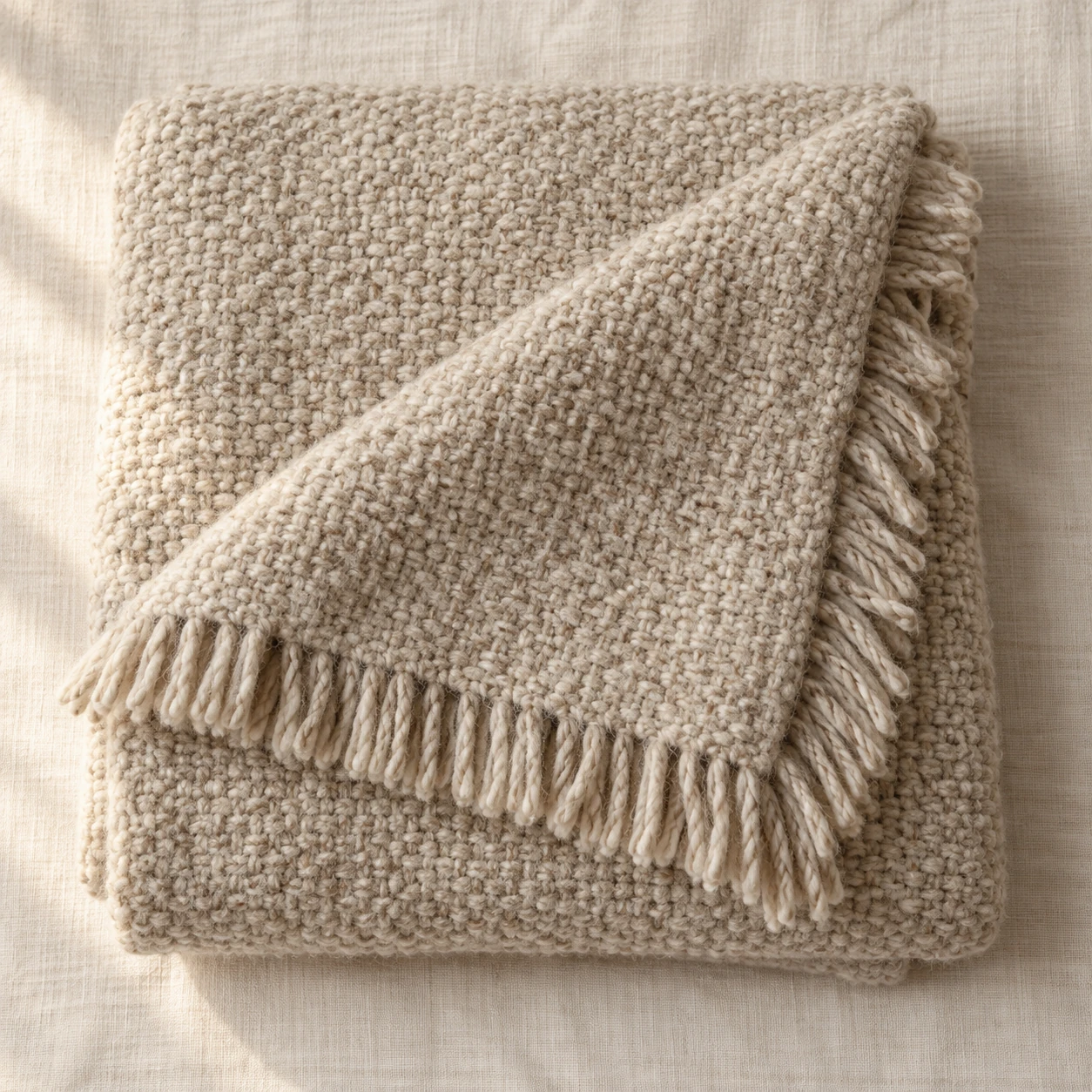 A folded oatmeal wool blanket with a short fringe.