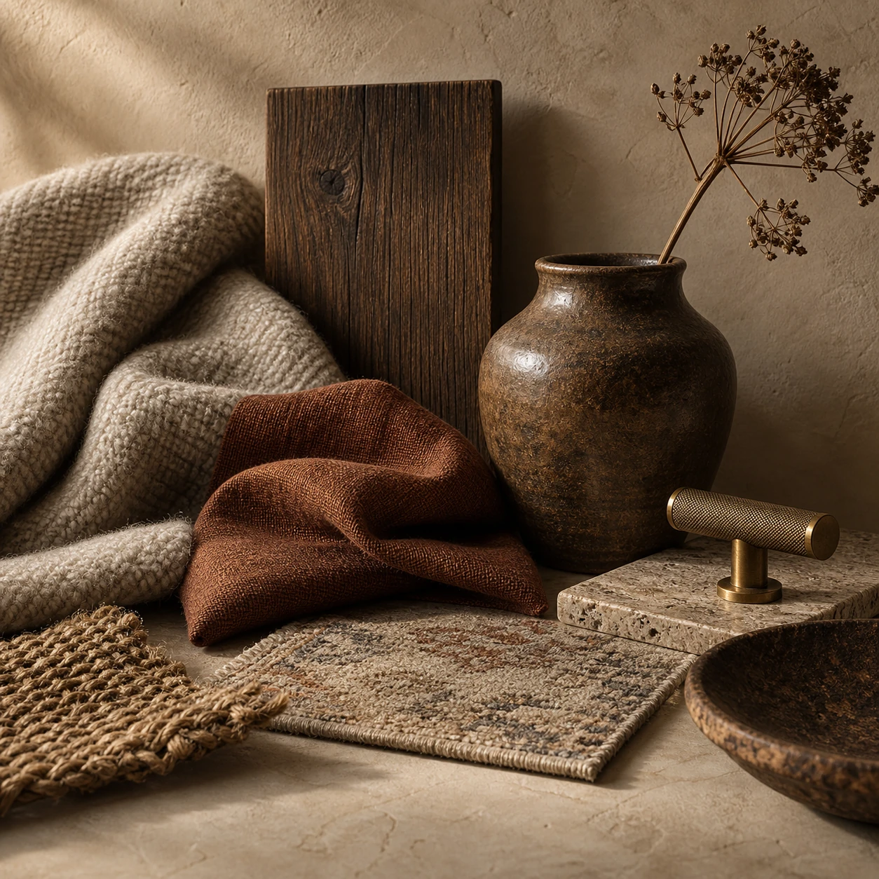 Modern rustic materials stacked against a plaster wall: an oatmeal wool throw on the left, a dark oak board standing behind it, a rust linen cloth folded in front, a glazed brown stoneware vase with dried seed heads, an aged brass handle on a travertine slab and a faded rug swatch on the floor.