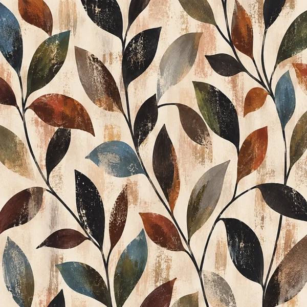 Drawing of the pattern. Leaves in rust, black, blue and olive drawn along thin vines over a cream ground.