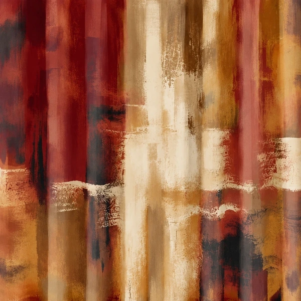 Drawing of the pattern. Wide vertical brush strokes in red, rust, gold and cream, drawn like dry paint on canvas.