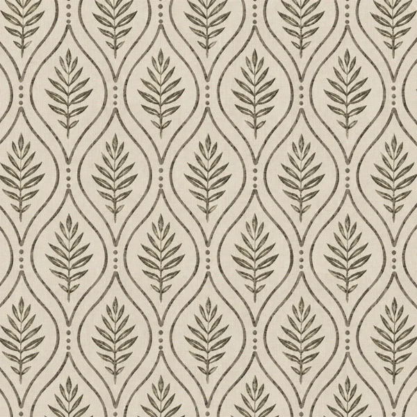 Drawing of the pattern. Rows of pointed ogee frames with a single leafy sprig inside each one, in olive over cream.