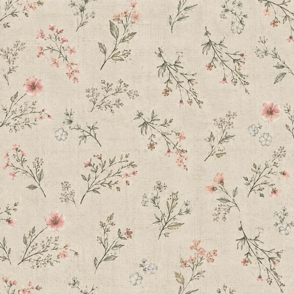 Drawing of the pattern. Small scattered sprigs of pink and white flowers with gray green leaves over a natural linen ground.