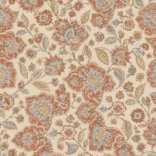 Drawing of the pattern. Large terracotta and pale blue flower medallions on curling stems over a cream ground.