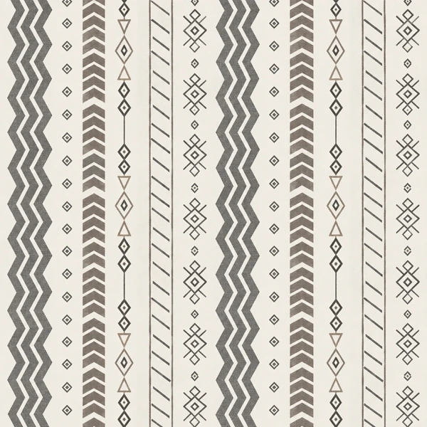 Drawing of the pattern. Vertical bands of zigzags, chevrons and small diamonds in black and brown over off white.