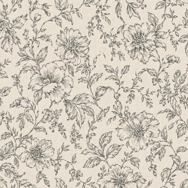 Drawing of the pattern. Open flowers and leaves drawn in fine black line over a pale linen ground, like an engraving.