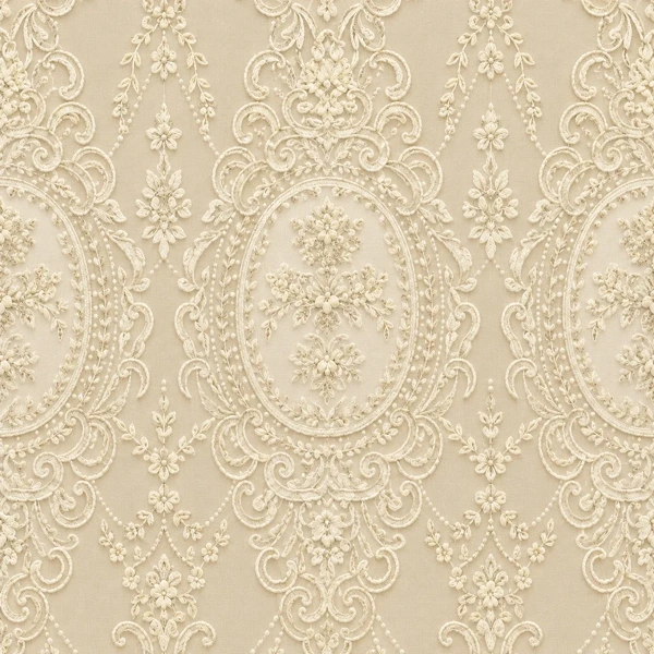 Drawing of the pattern. Raised cream embroidery of ovals, garlands and small flowers over a champagne ground.
