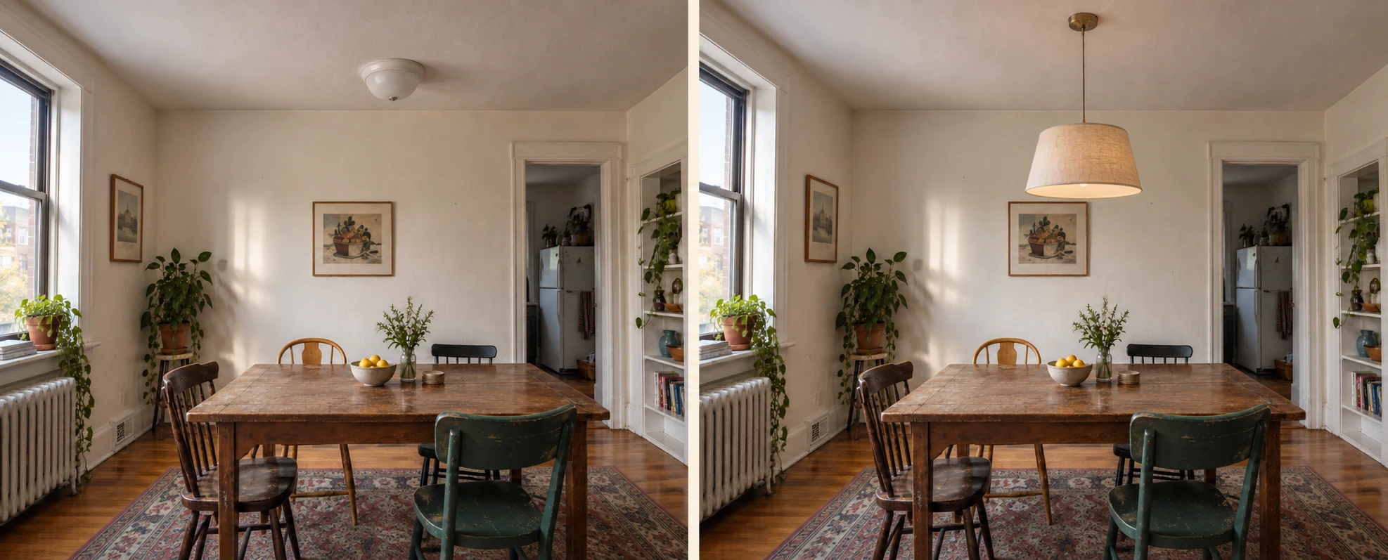 The same dining ceiling twice: on the left the builder flush mount with its frosted glass dome, on the right a linen drum pendant hanging low over the table from the same socket.