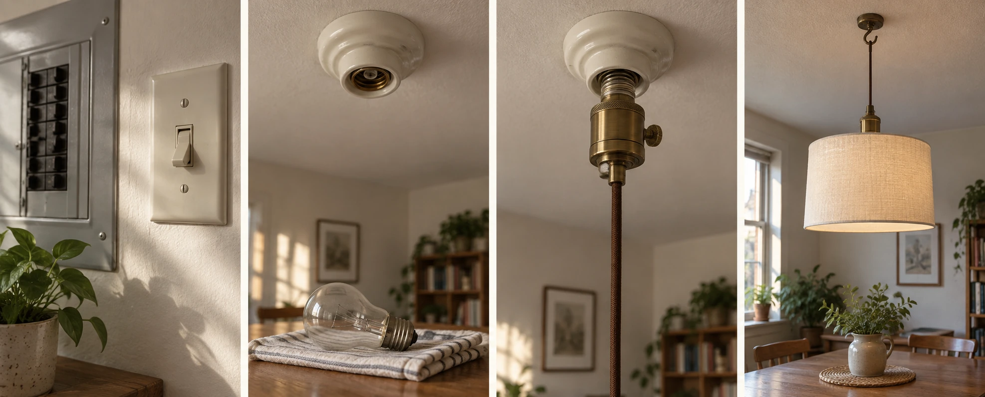 Four panels in a row: a hand switching off a breaker in a consumer unit, a frosted glass dome being lifted off a ceiling fixture, a screw-in pendant adapter being turned into the empty bulb socket, and a drum shade being hung from the adapter over a table.