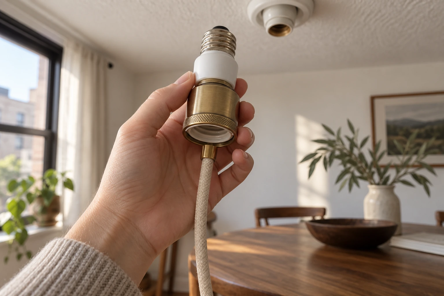 A screw-in pendant socket adapter held in one hand, close up, showing the threaded base, the canopy and the cord coming out of it.